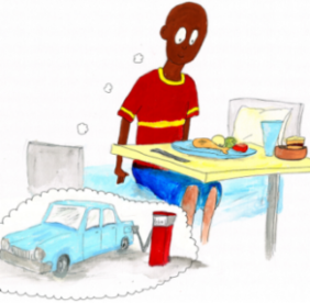 Illustration of a young man with a plate of food in front of him. There is a thought bubble showing he is thinking about a car being filled up with petrol.