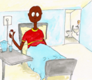 Illustration of a young man in a hospital bed, looking worried and a bit sick.