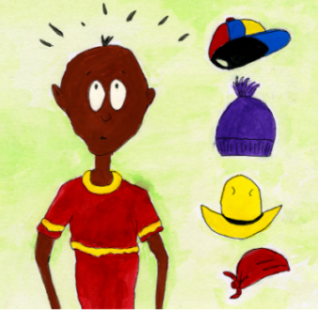 Illustration of a young man with no hair, with different hats beside him.