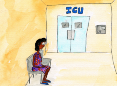 Illustration of someone waiting outside a set of doors, with the sign 'ICU' above the doors.