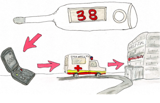 Illustration of a thermometer showing a temperature of 38, as well as a mobile phone and an ambulance.