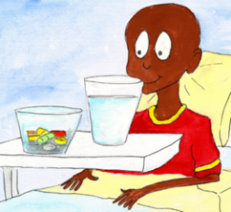 Illustration of a young man sitting in a hospital bed, with a glass of water and a container of pills in front of him.