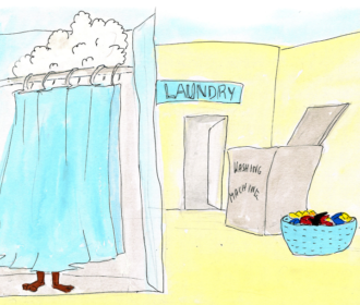 Illustration of a room with a shower in it, a washing machine, and a basket filled with clothes.