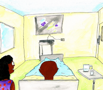 Illustration of a young man in a hospital bed watching TV, with his relative sitting beside him.