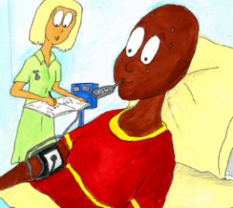 Illustration of a young man in a hospital bed, with his temperature being taken. Beside him, his nurse is writing in a book.