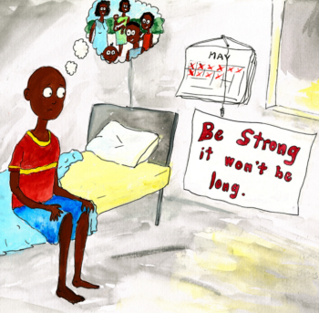 Illustration of a young man sitting in his hospital room, with a thought bubble above his head. He is thinking about his family. He looks sad.