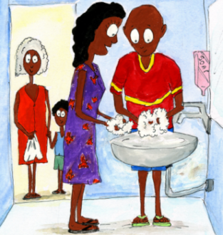 Illustration of a young man and woman washing their hands in a bathroom, with an older lady and a young child waiting nearby.