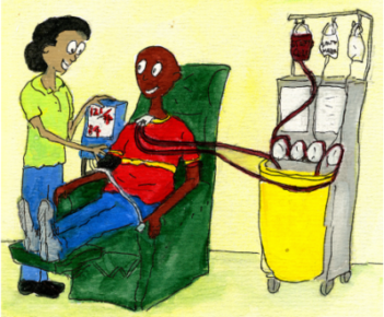 Illustration of a patient sitting in a chair, hooked up to a special machine that spins blood and separates blood cells out.