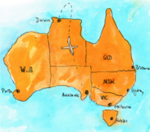 Illustration of a map of Australia, with an airplane flying through the middle