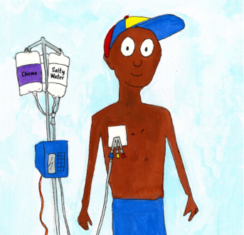 Illustration of a young man with a PICC line, giving him chemo medicine
