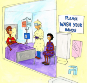 Illustration of a young man in a hospital bed, with a bag of chemo medicine beside him on a drip. A nurse and family member are nearby.