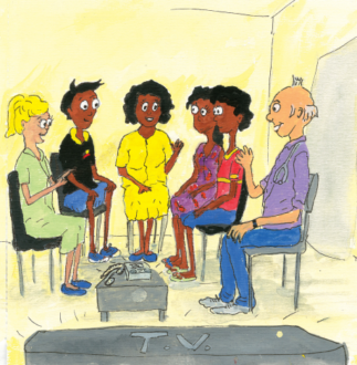 Illustration of a group of people (a patient, family member, doctor, nurse, and others) sitting in a circle in a hospital meeting room