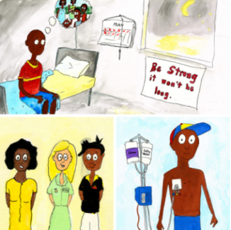 Illustration of a series of three images: the first one is a young man sitting in a hospital room looking lonely. The second is a group of health workers. The third is a young man hooked up to a bag of chemo medicine.