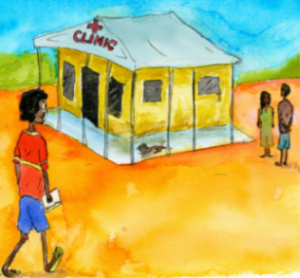 Illustration of a young man walking to a health clinical in his community.